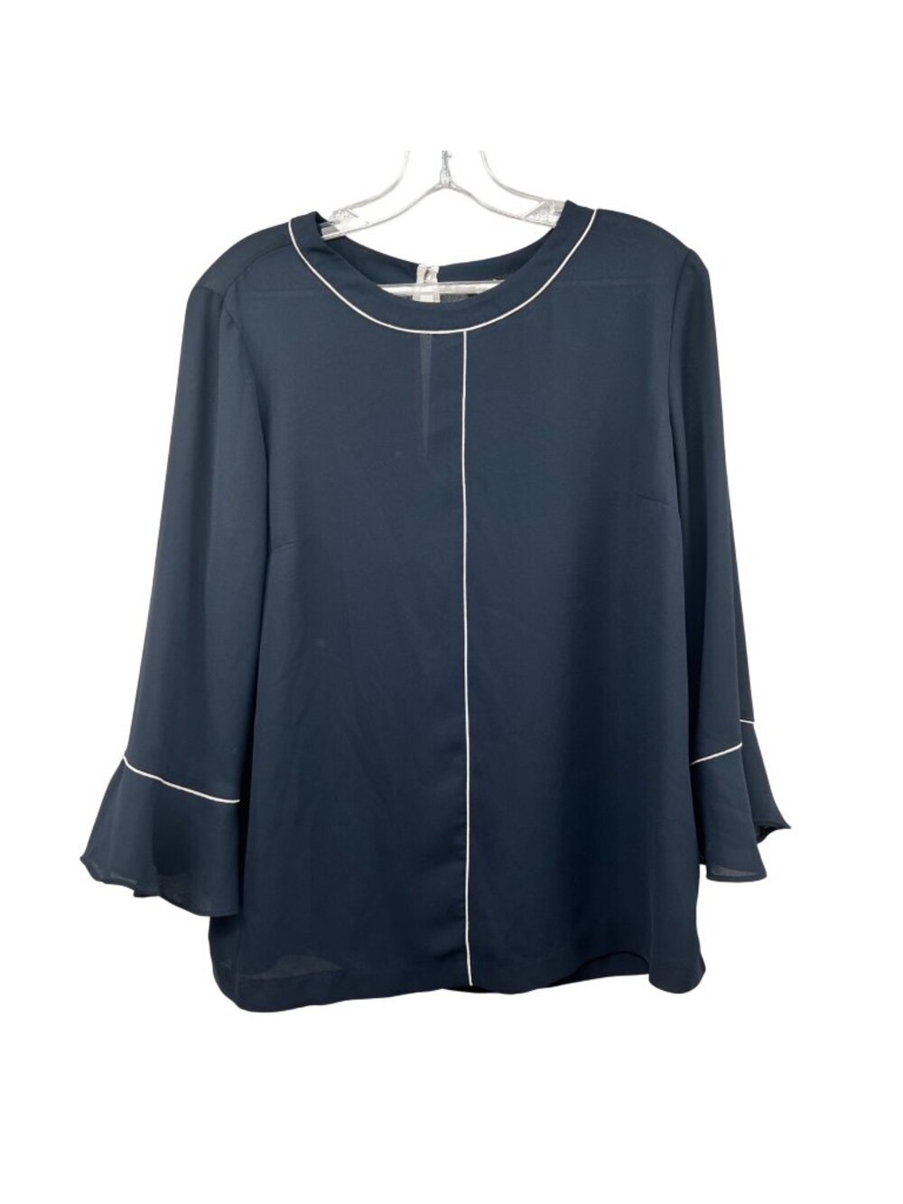Banana Republic Womens Blouse 3/4 Ruffle Sleeve Navy/White Medium Keyhole